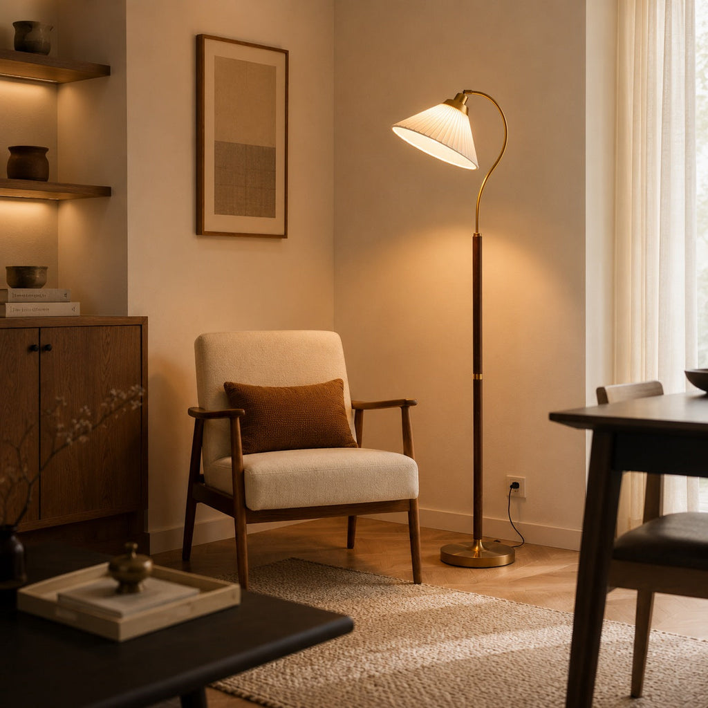 Modern Floor Lamp with Pleated Shade and Wooden Base Adjustable Height for Indoor Use AC 110-240V | ribuella