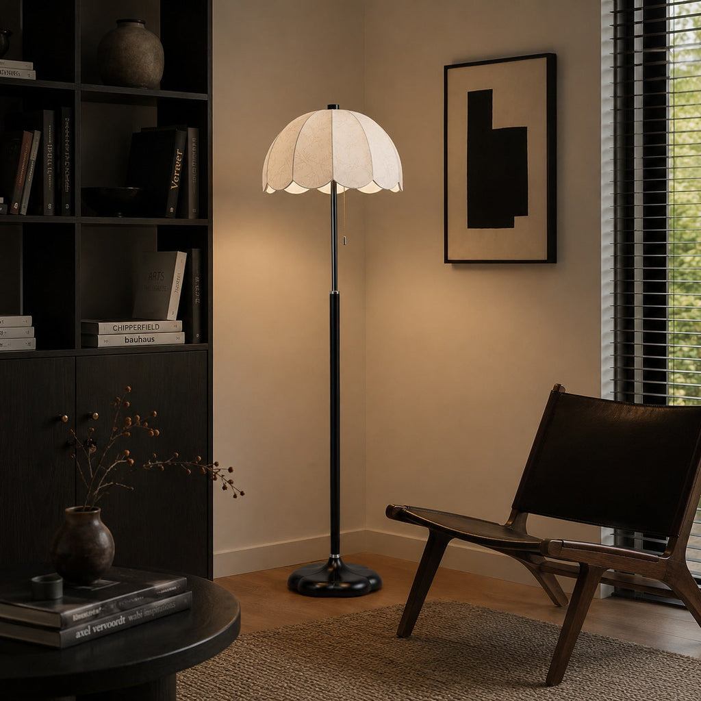 Moderní stojací lampa s dřevěnou základnou a textilním stínidlem, nastavitelná výška, žárovka E14, do obývacího pokoje | ribuella