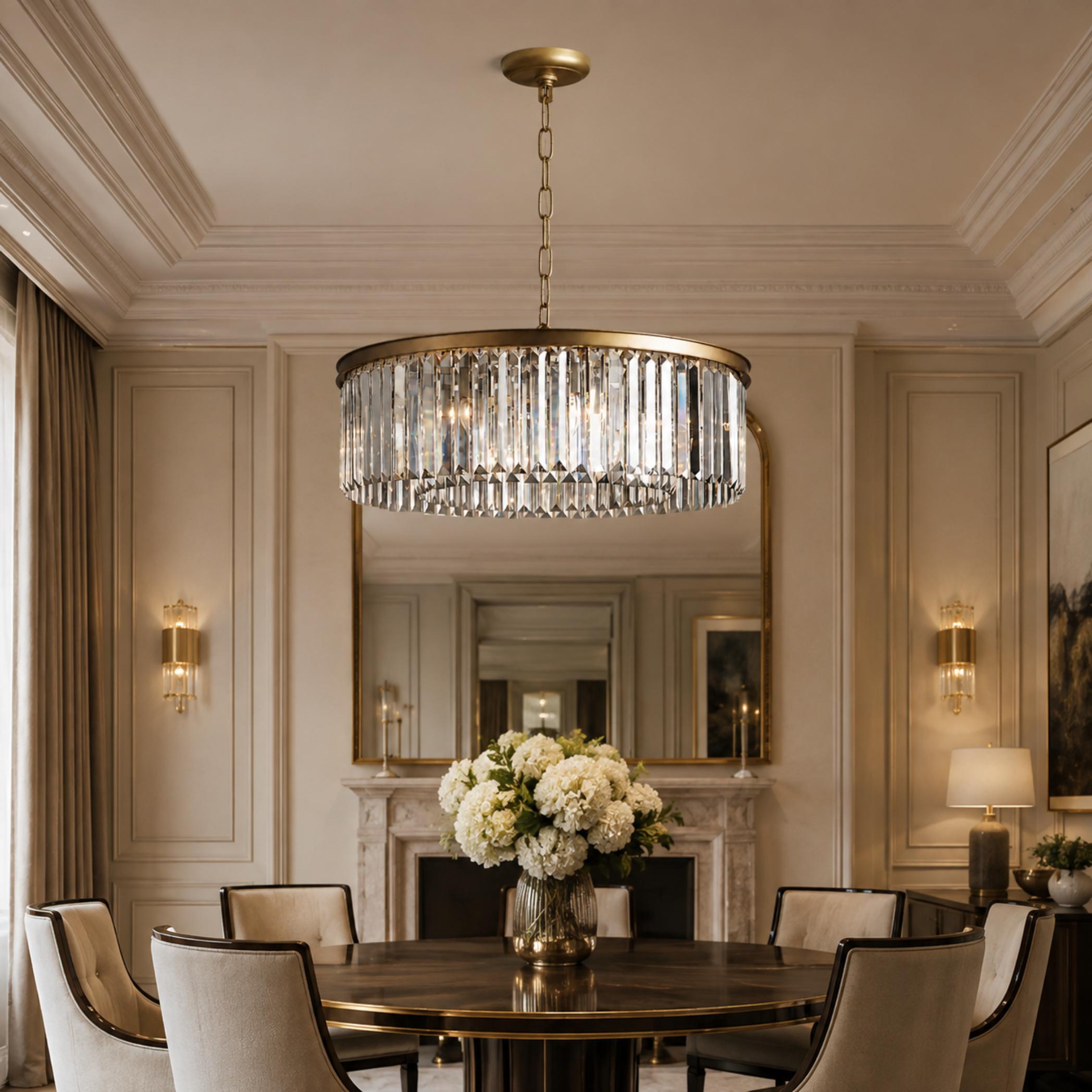 Large 84cm Round K9 Crystal Chandelier – Brass or Bronze 8-Light Art Deco Ceiling Pendant | ribuella