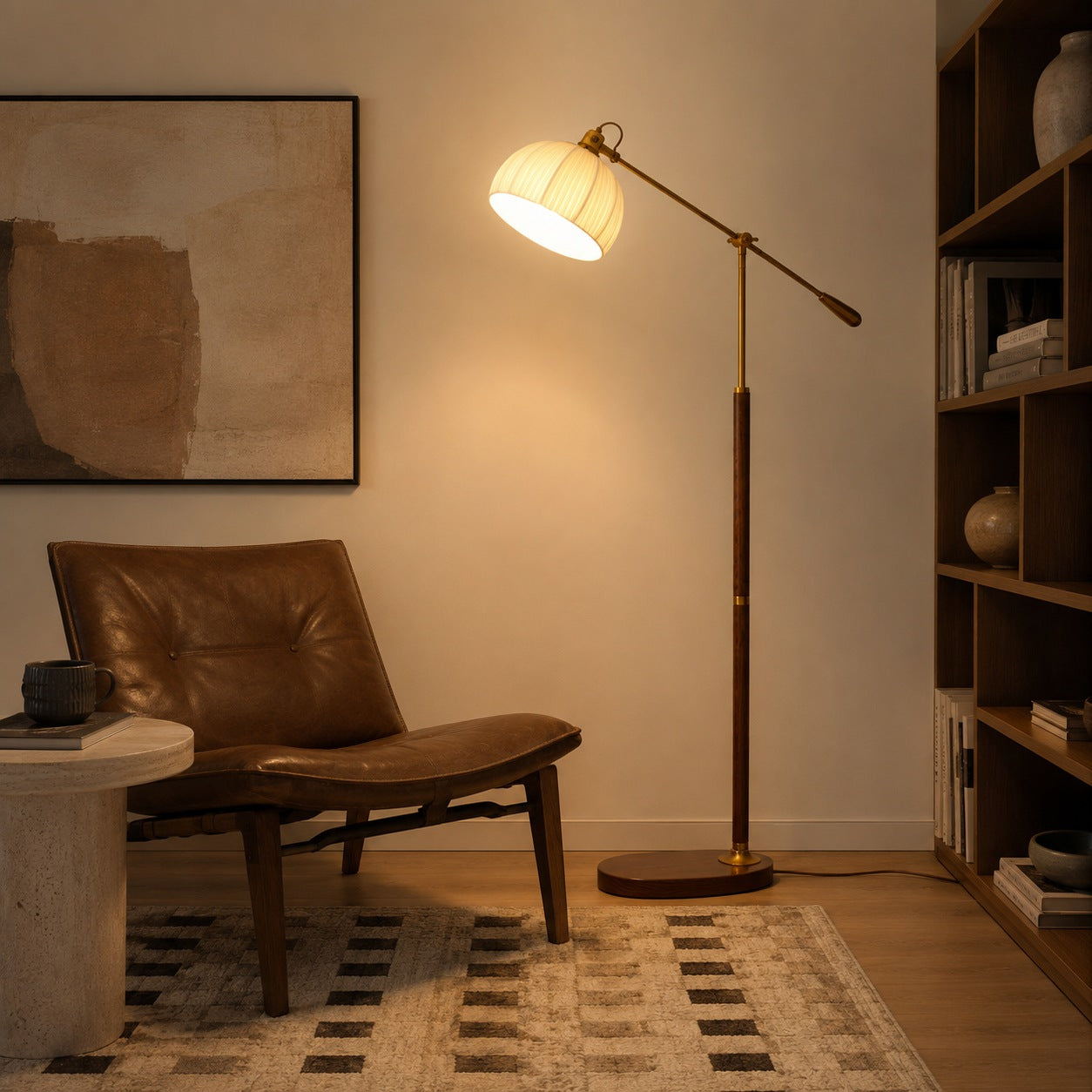 Industrial Floor Lamp Adjustable Height Metal and Wood Construction Dimmable LED for Living Room | ribuella