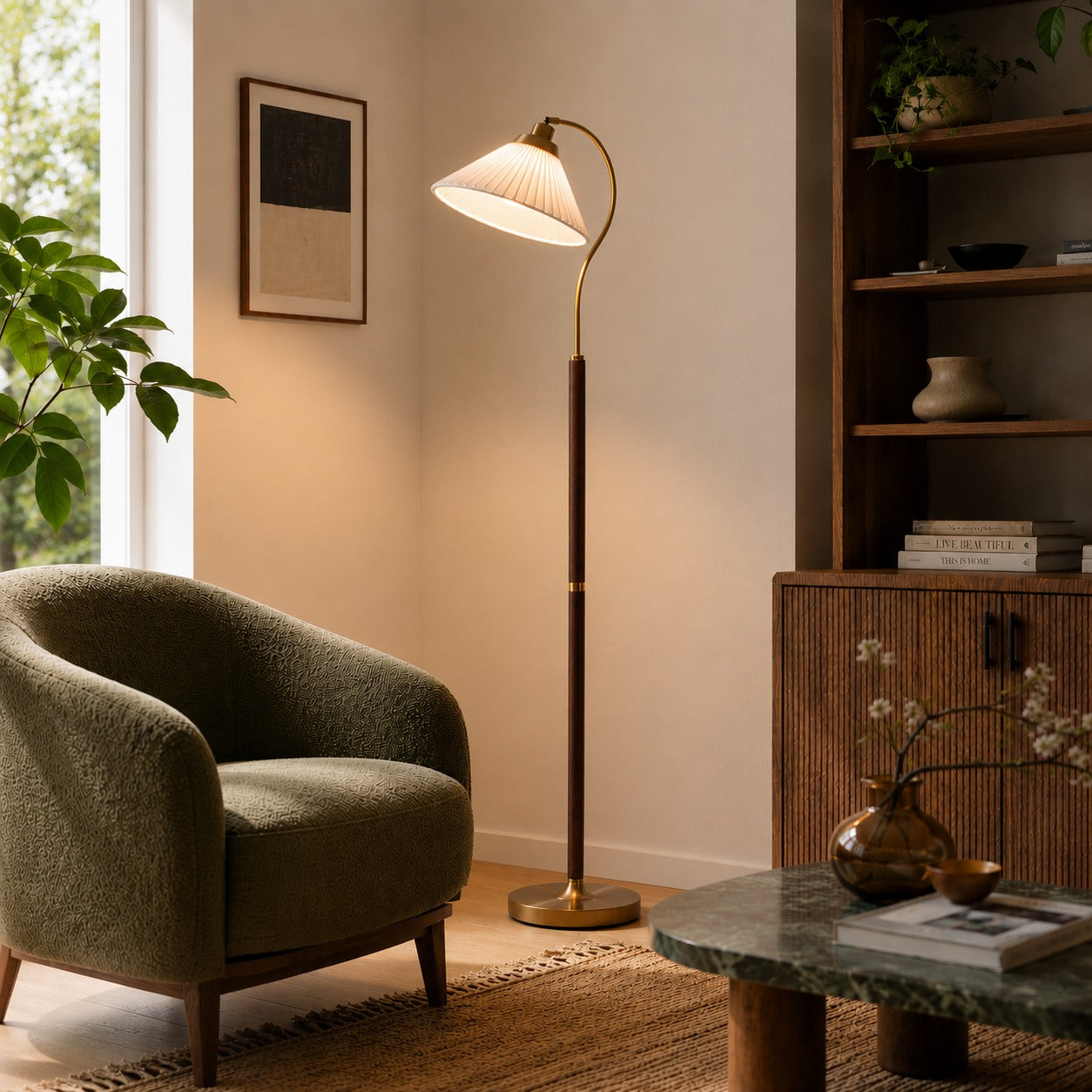 Modern Floor Lamp with Pleated Shade and Wooden Base Adjustable Height for Indoor Use AC 110-240V | ribuella