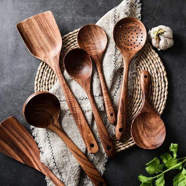 Utensili da cucina in legno naturale, sicuri per pentole antiaderenti