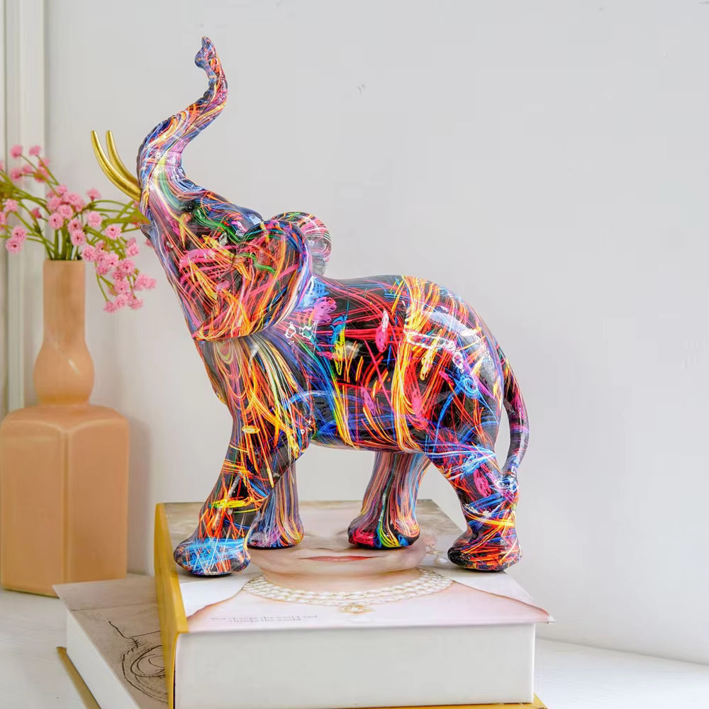 Sculpture d’éléphant graffiti aux couleurs vives, figurine décorative d’art moderne