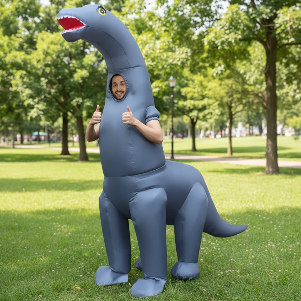 Costum gonflabil de dinozaur pentru tot corpul - costum cu gât lung, umflat cu aer, decupaj pentru față