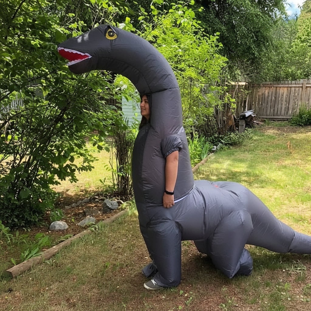 Costum gonflabil de dinozaur pentru tot corpul - costum cu gât lung, umflat cu aer, decupaj pentru față