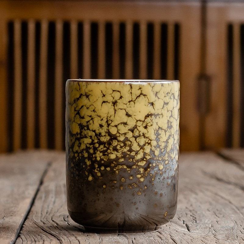 Japanese Handleless Ceramic Tea Cup - Crackle Glaze, Tapered Base, Saucers