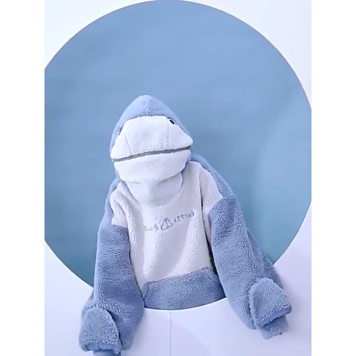 Sudadera con capucha de tiburón kawaii y bolsillos delanteros, diseño suave y cálido