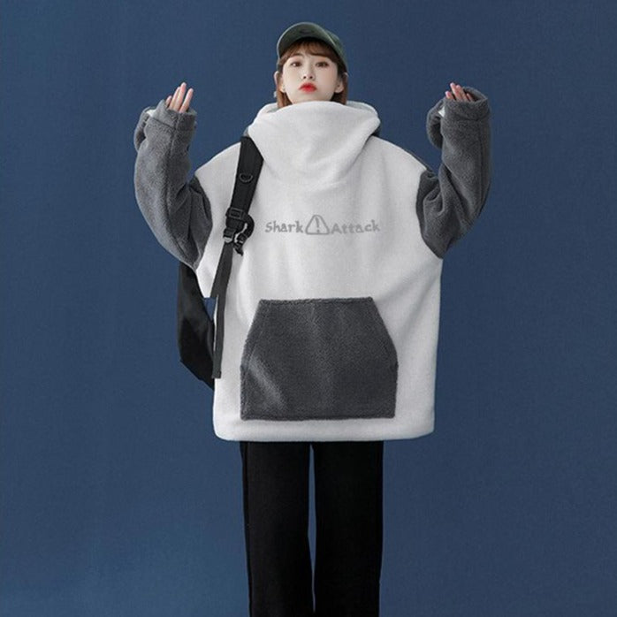Sudadera con capucha de tiburón kawaii y bolsillos delanteros, diseño suave y cálido