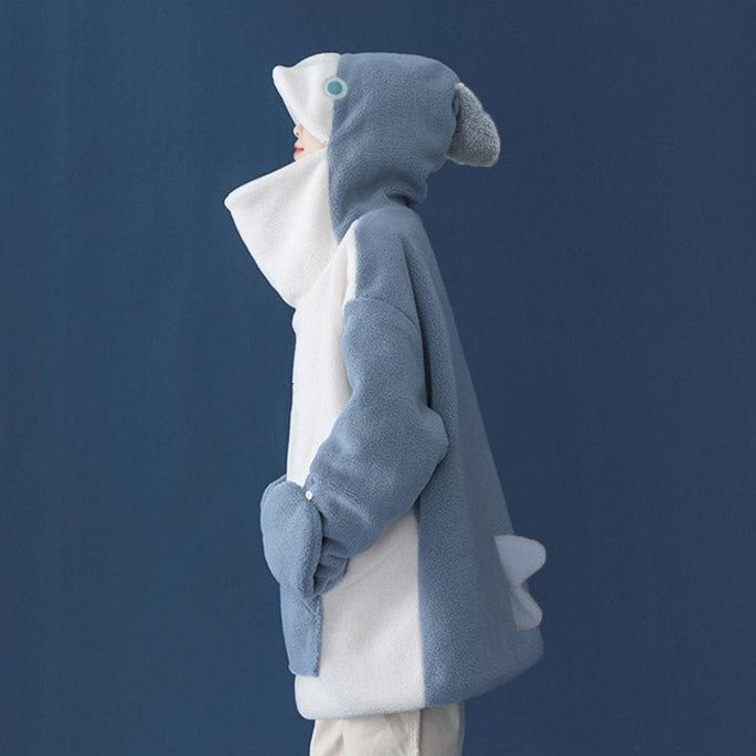 Sudadera con capucha de tiburón kawaii y bolsillos delanteros, diseño suave y cálido