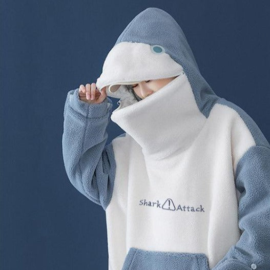 Sudadera con capucha de tiburón kawaii y bolsillos delanteros, diseño suave y cálido