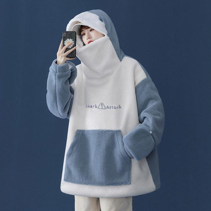 Sudadera con capucha de tiburón kawaii y bolsillos delanteros, diseño suave y cálido