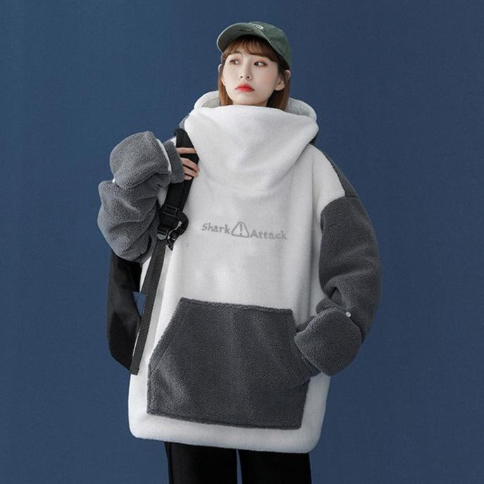 Sudadera con capucha de tiburón kawaii y bolsillos delanteros, diseño suave y cálido