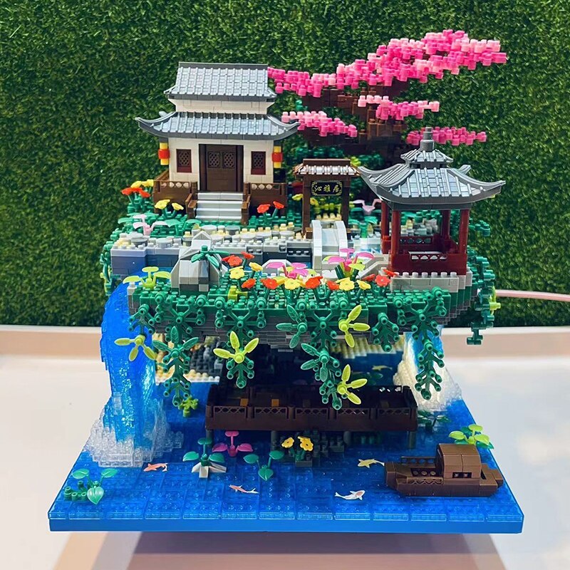 Japanskt byggset med sakura-vattenfall och svävande ö, 3660+ delar
