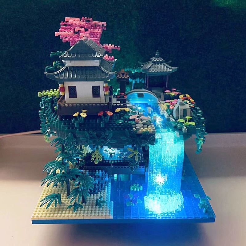 Japanskt byggset med sakura-vattenfall och svävande ö, 3660+ delar
