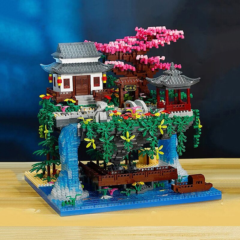 Japanskt byggset med sakura-vattenfall och svävande ö, 3660+ delar