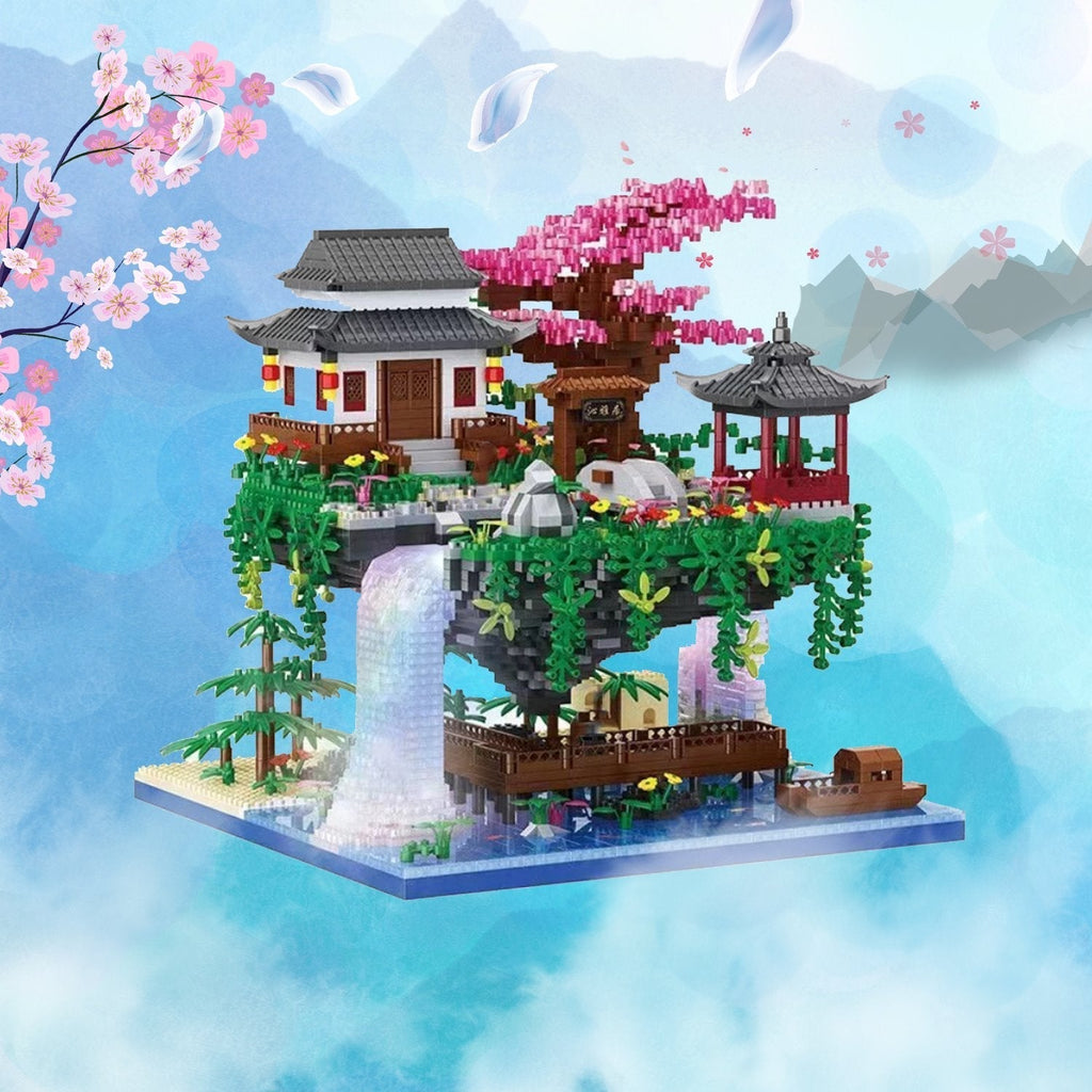 Japanskt byggset med sakura-vattenfall och svävande ö, 3660+ delar