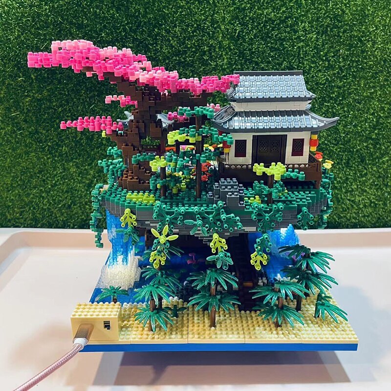 Japanskt byggset med sakura-vattenfall och svävande ö, 3660+ delar