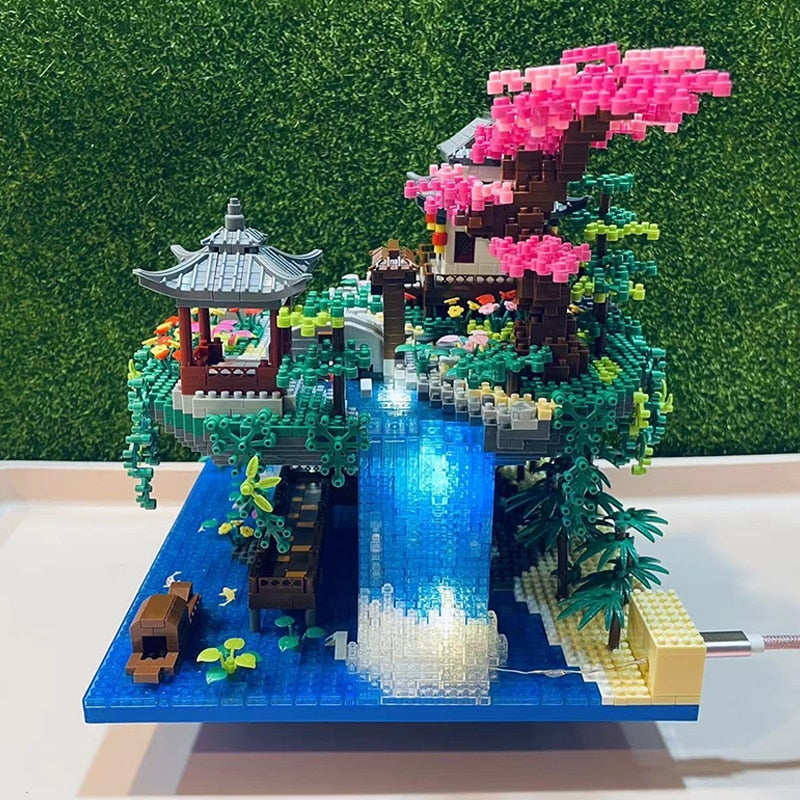 Japanskt byggset med sakura-vattenfall och svävande ö, 3660+ delar