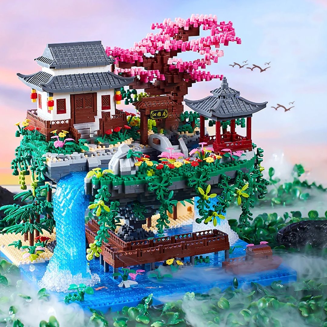 Japanese Sakura Waterfall Floating Island Building Set, 3660+ Pieces