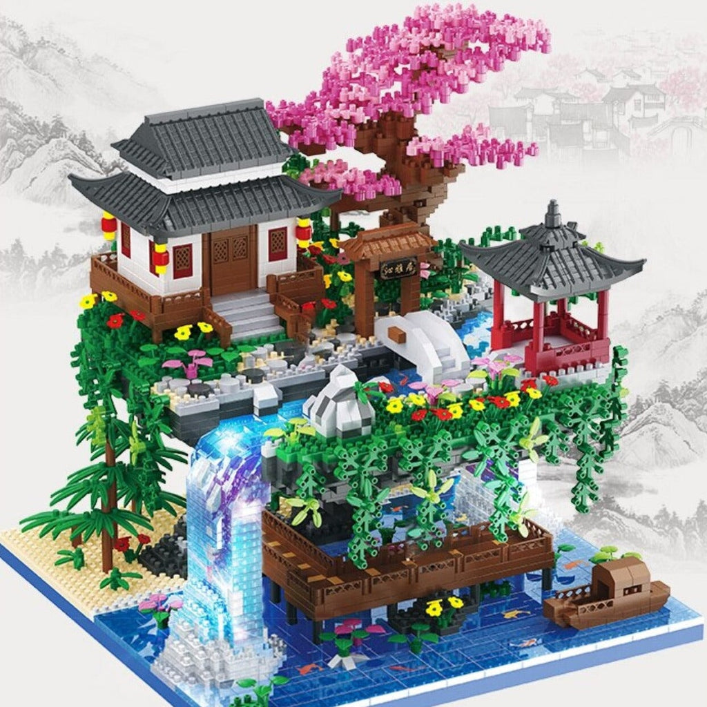 Japanskt byggset med sakura-vattenfall och svävande ö, 3660+ delar