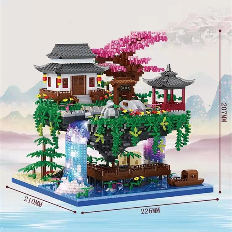 Japanskt byggset med sakura-vattenfall och svävande ö, 3660+ delar