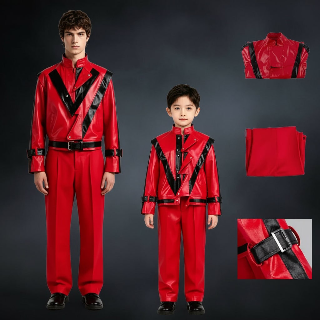 Ensemble deux pièces de costume de Halloween Thriller pour enfants, veste et pantalon en similicuir rouge