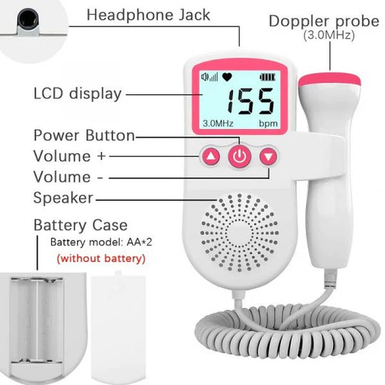 Doppler fetale per bambini, monitor della gravidanza - display LCD retroilluminato e sonda portatile