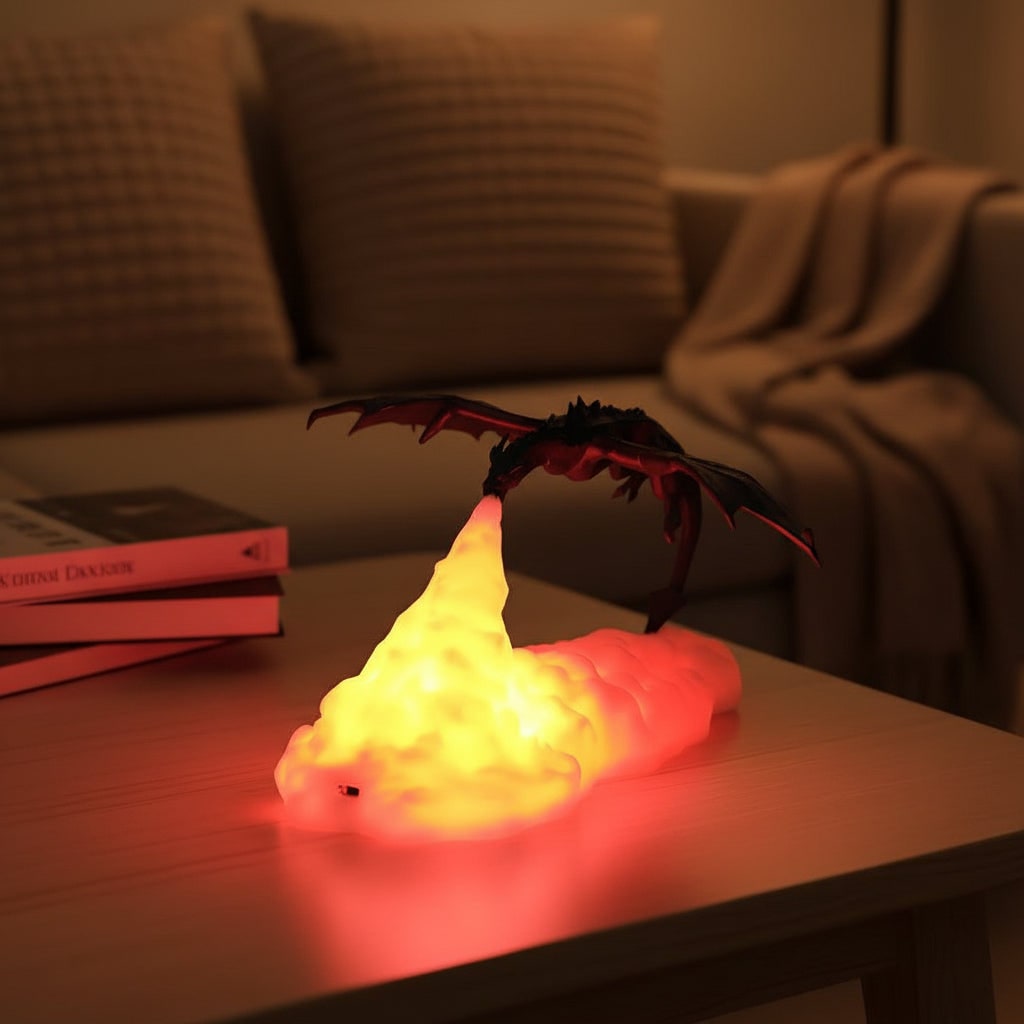3D tištěné dračí noční světlo s LED efektem ohně a základnou, ambientní stolní lampa