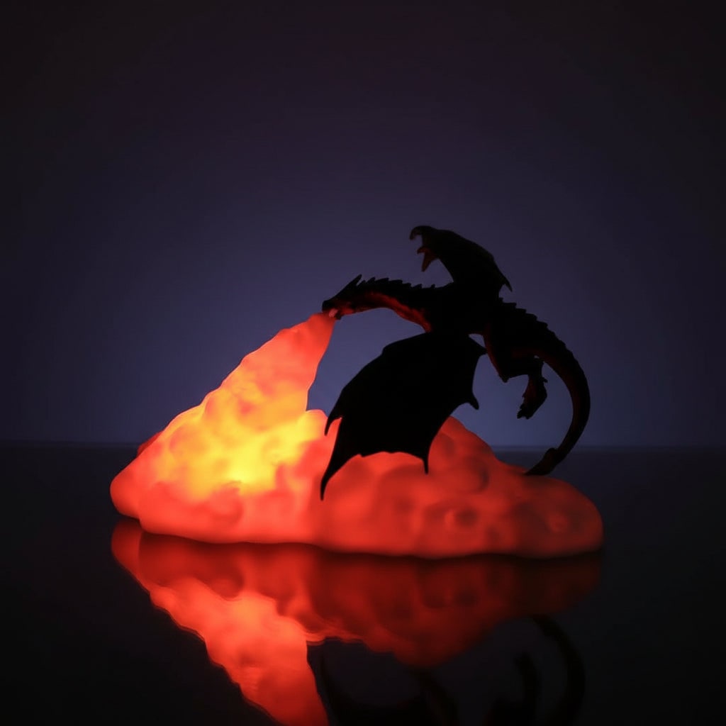3D tištěné dračí noční světlo s LED efektem ohně a základnou, ambientní stolní lampa