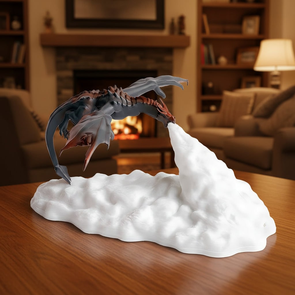 3D tištěné dračí noční světlo s LED efektem ohně a základnou, ambientní stolní lampa