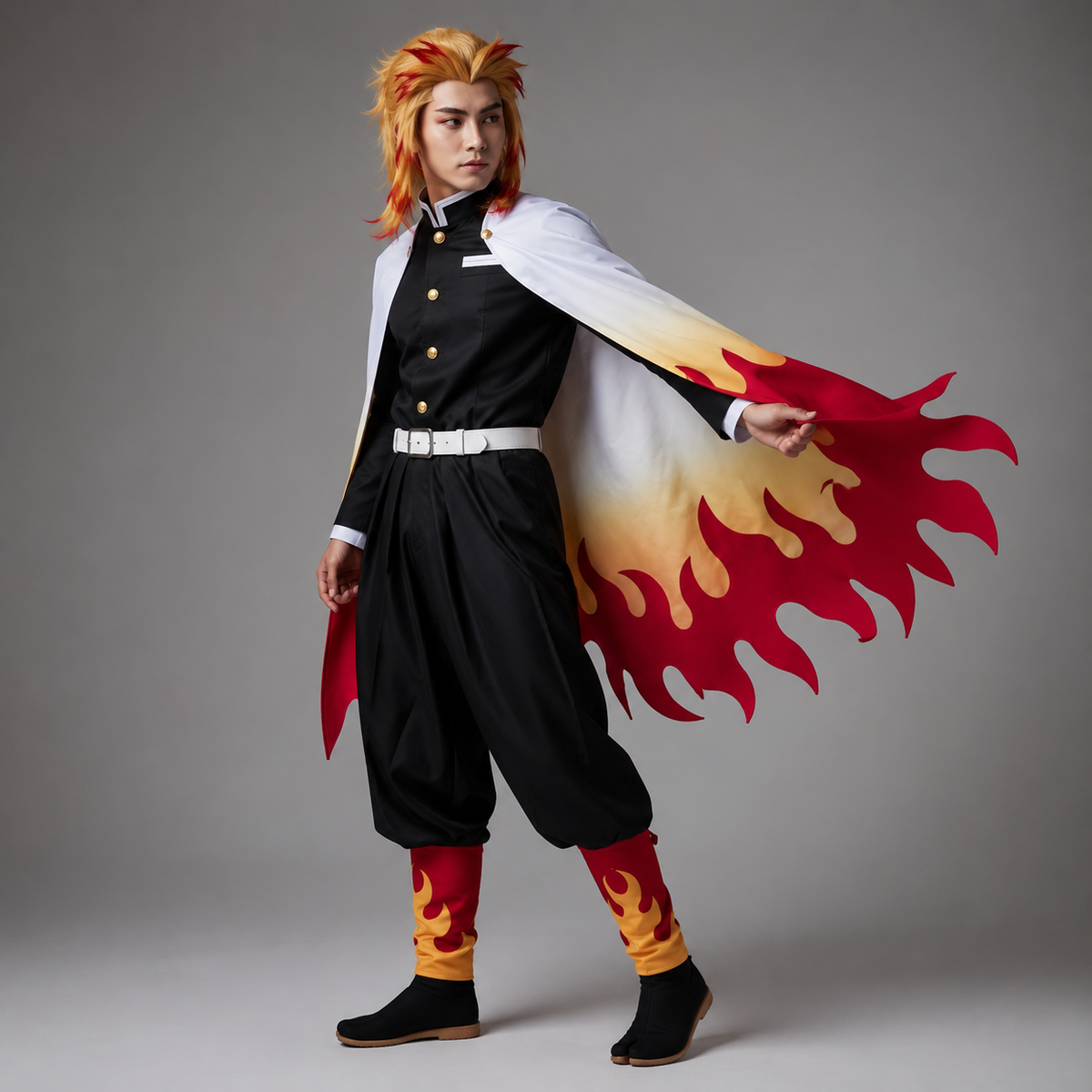 Παιδικό σετ στολής cosplay πολεμιστή Anime — κάπα με μοτίβο φλόγας, σακάκι, περιτυλίγματα ποδιών