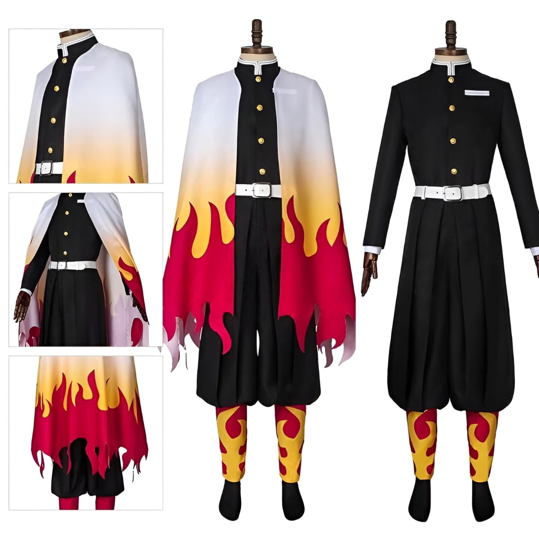 Παιδικό σετ στολής cosplay πολεμιστή Anime — κάπα με μοτίβο φλόγας, σακάκι, περιτυλίγματα ποδιών