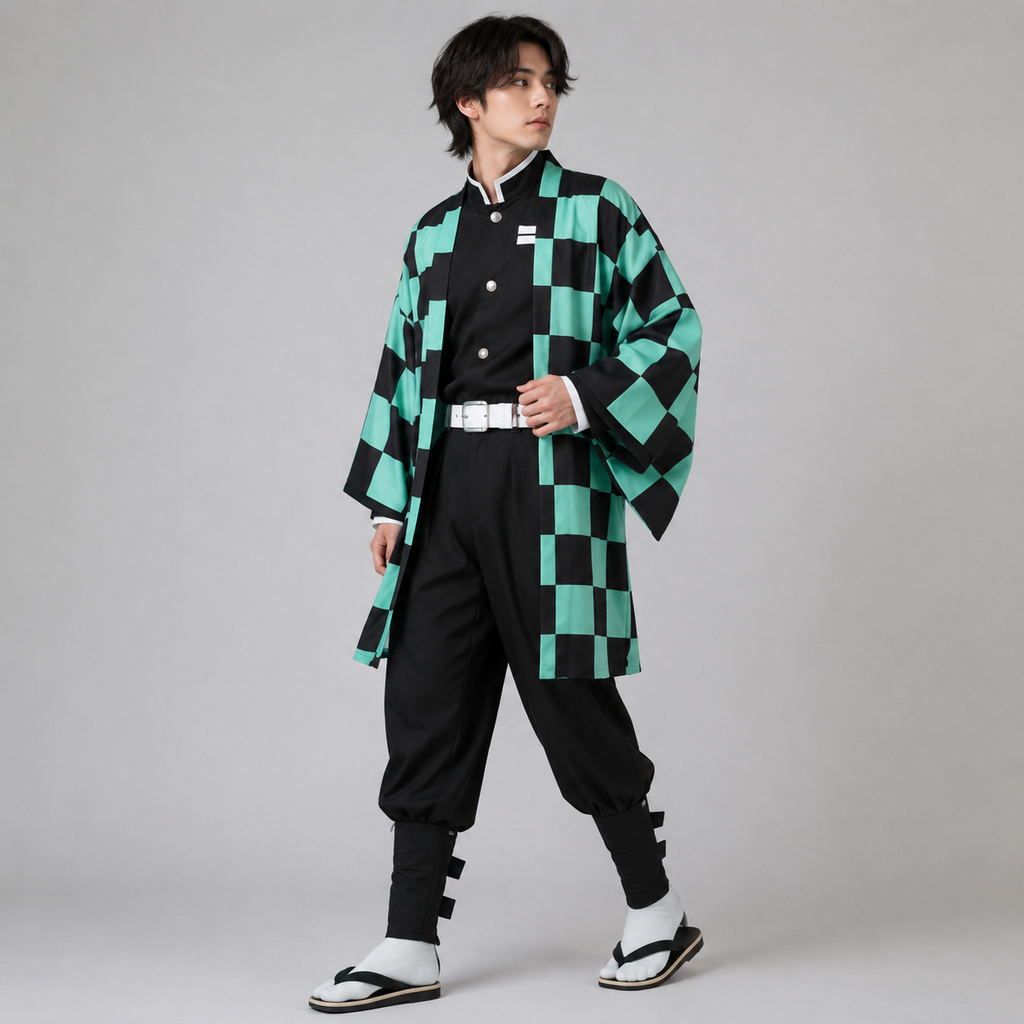 Kids Checkered Haori Anime Costume Set, Black Uniform Top, Trousers, And Accessories