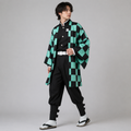 Kids Checkered Haori Anime Costume Set, Black Uniform Top, Trousers, And Accessories