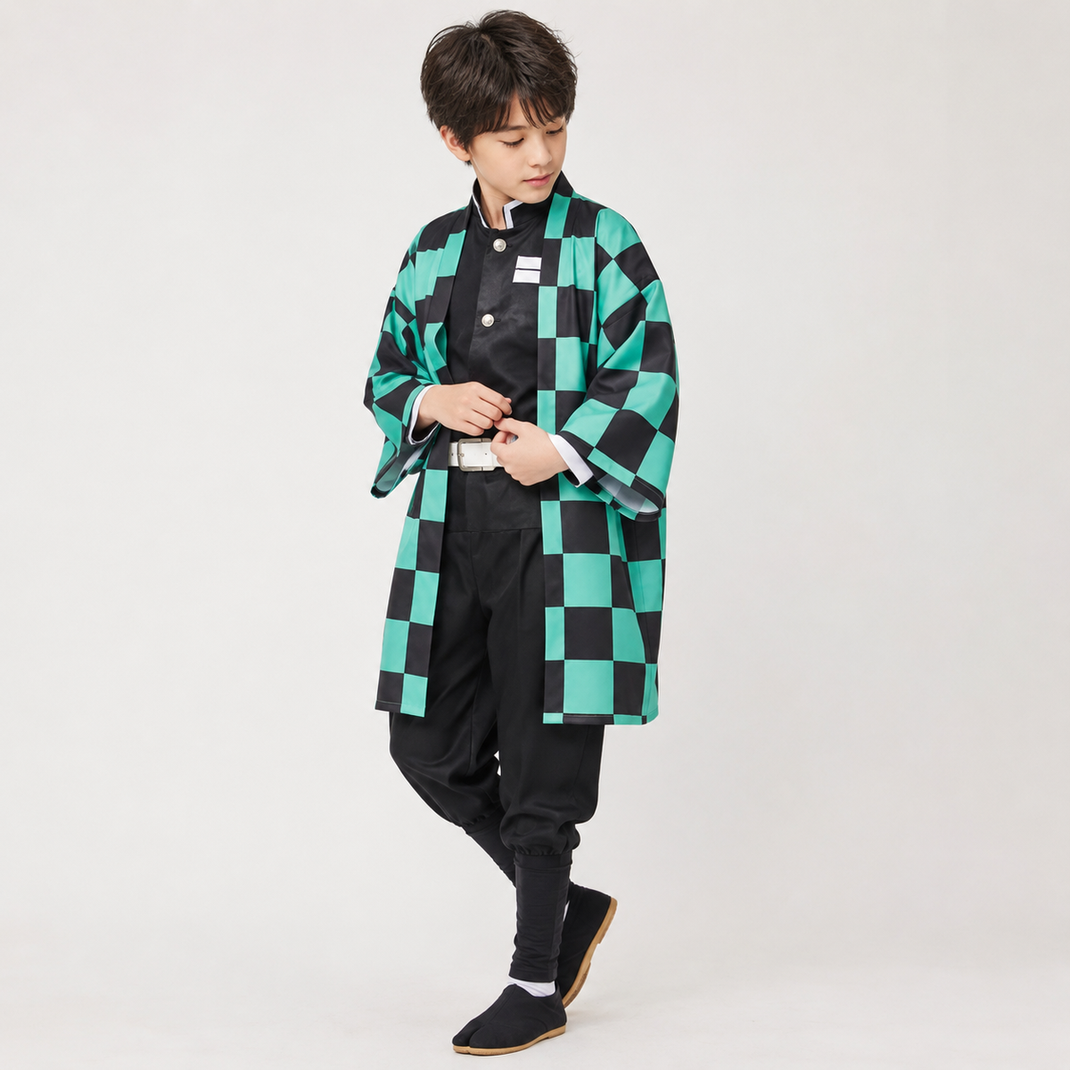 Kids Checkered Haori Anime Costume Set, Black Uniform Top, Trousers, And Accessories