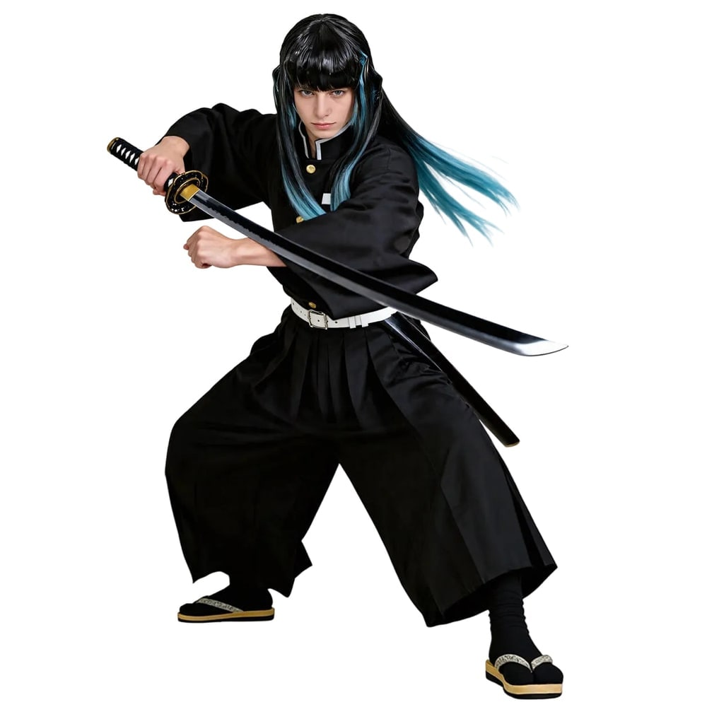 Μαύρη παιδική στολή cosplay anime, σακάκι με ψηλό γιακά, παντελόνι με φαρδιά μπατζάκια και χρυσά κουμπιά