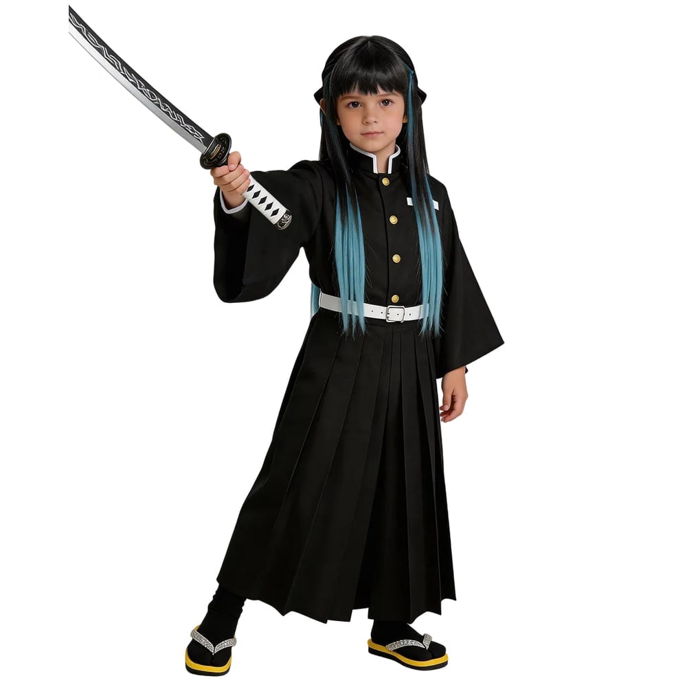 Μαύρη παιδική στολή cosplay anime, σακάκι με ψηλό γιακά, παντελόνι με φαρδιά μπατζάκια και χρυσά κουμπιά