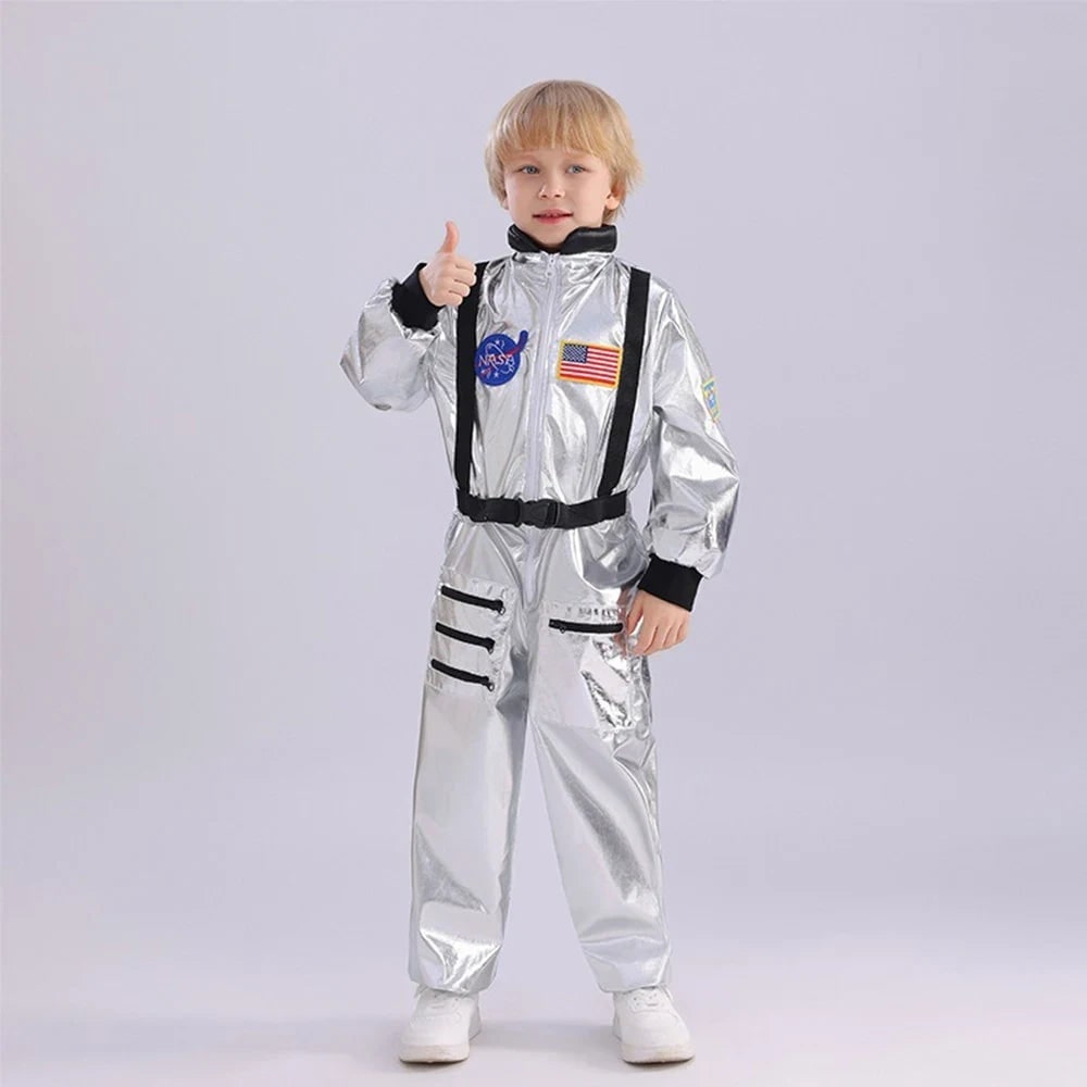 Costum de astronaut pentru copii de Halloween, salopetă completă, ecusoane de misiune, închidere frontală cu fermoar