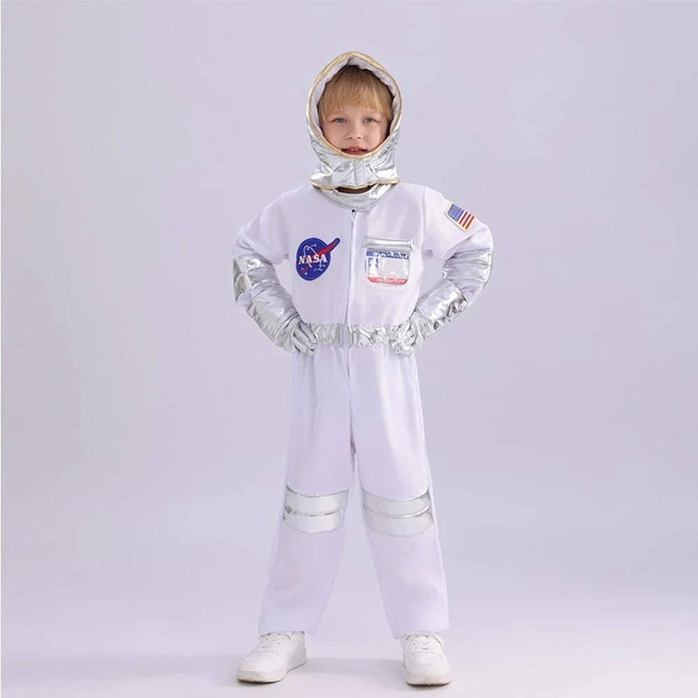 Costum de astronaut pentru copii de Halloween, salopetă completă, ecusoane de misiune, închidere frontală cu fermoar