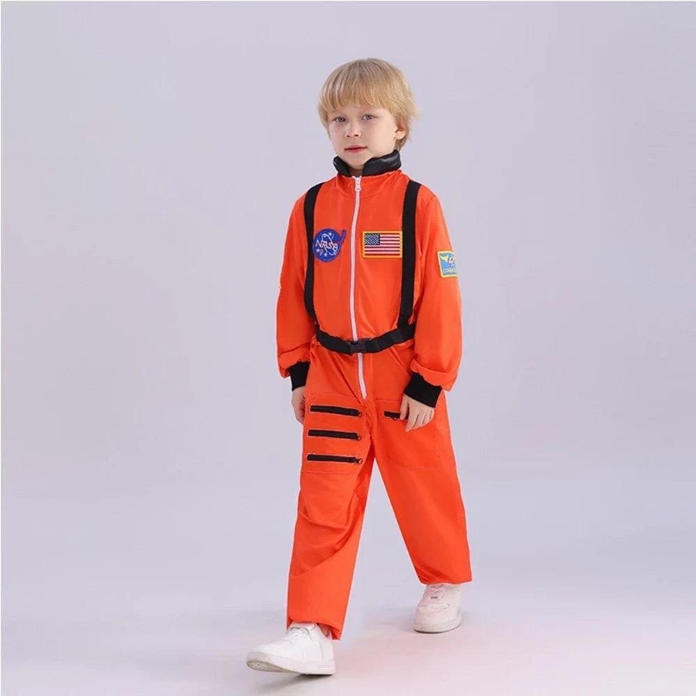 Costum de astronaut pentru copii de Halloween, salopetă completă, ecusoane de misiune, închidere frontală cu fermoar