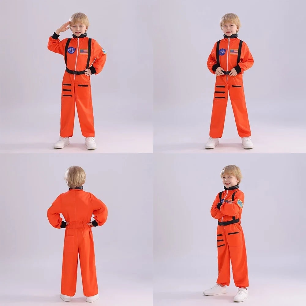 Costum de astronaut pentru copii de Halloween, salopetă completă, ecusoane de misiune, închidere frontală cu fermoar