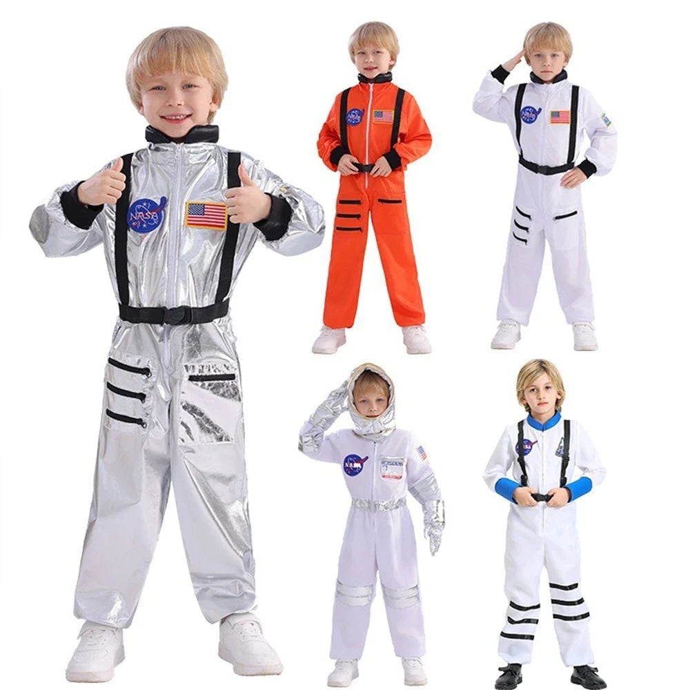Costum de astronaut pentru copii de Halloween, salopetă completă, ecusoane de misiune, închidere frontală cu fermoar