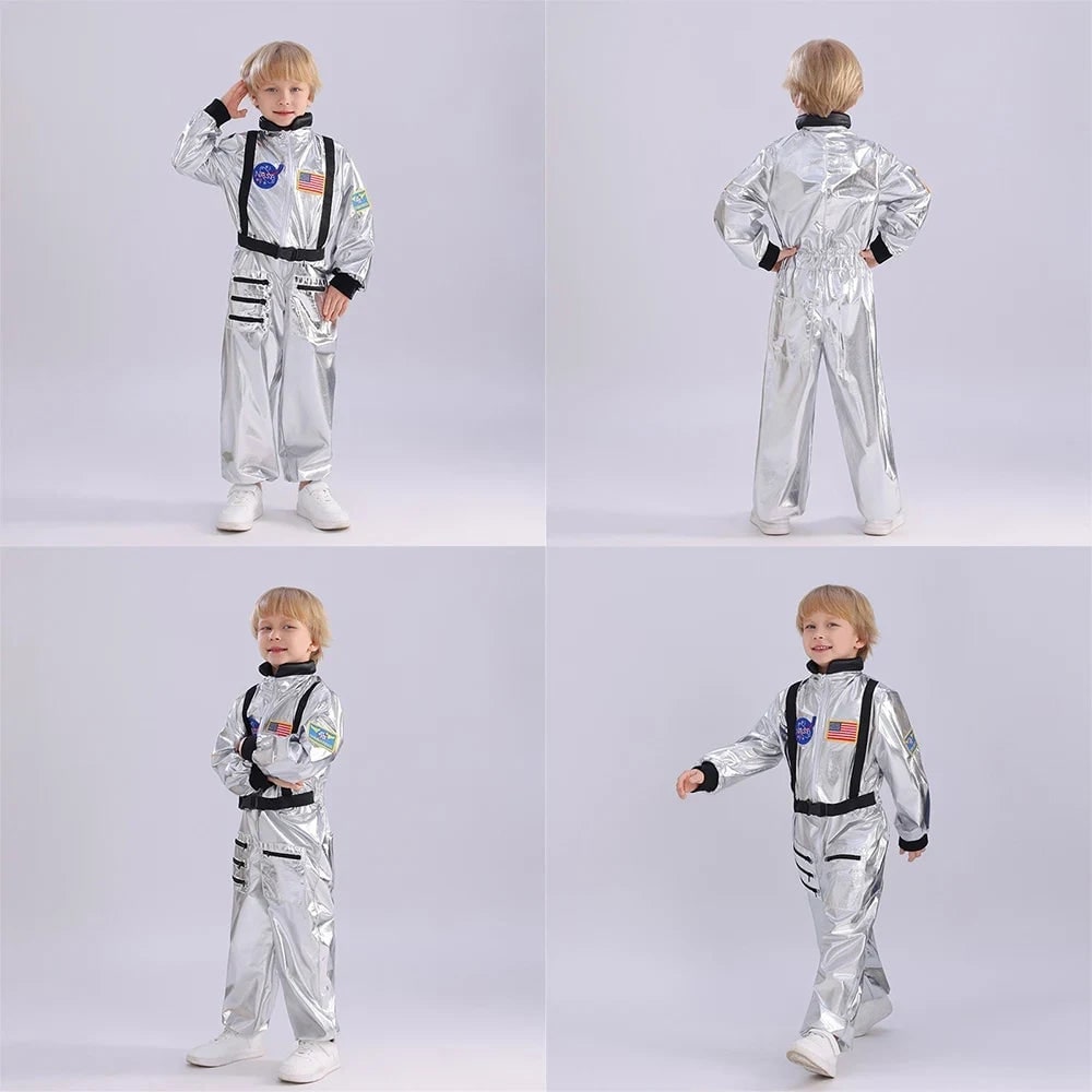Costum de astronaut pentru copii de Halloween, salopetă completă, ecusoane de misiune, închidere frontală cu fermoar