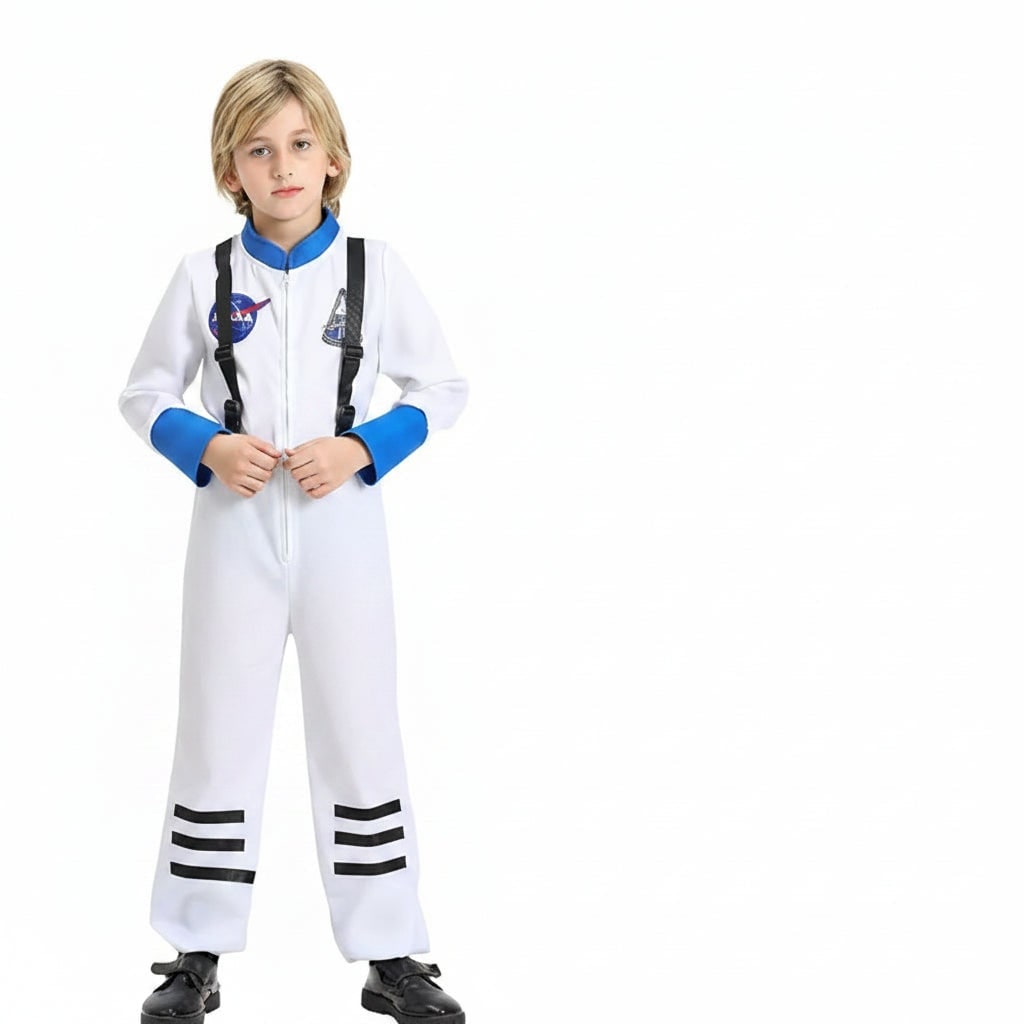 Costum de astronaut pentru copii de Halloween, salopetă completă, ecusoane de misiune, închidere frontală cu fermoar