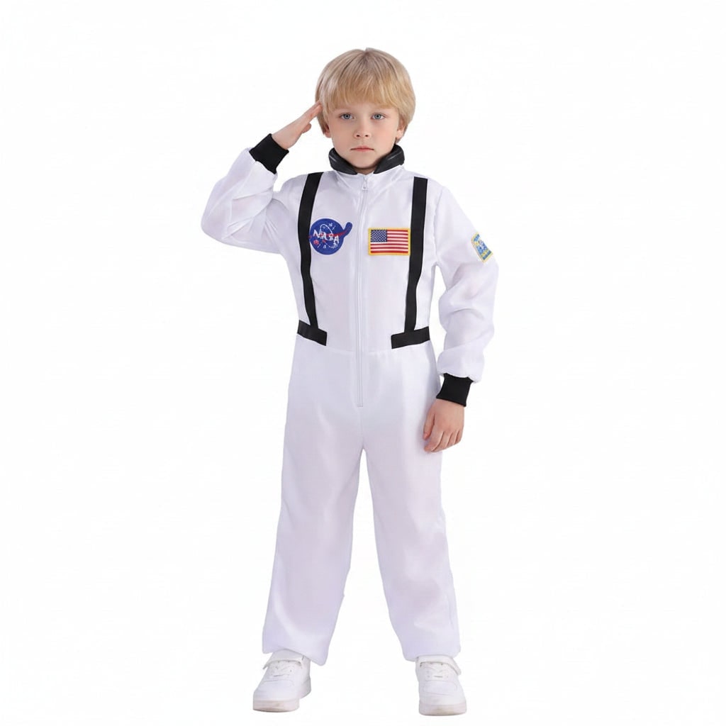 Costum de astronaut pentru copii de Halloween, salopetă completă, ecusoane de misiune, închidere frontală cu fermoar