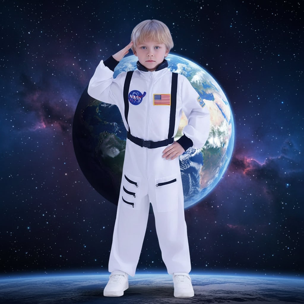 女の子用宇宙飛行士ジャンプスーツコスチューム 国旗と宇宙ワッペン付き