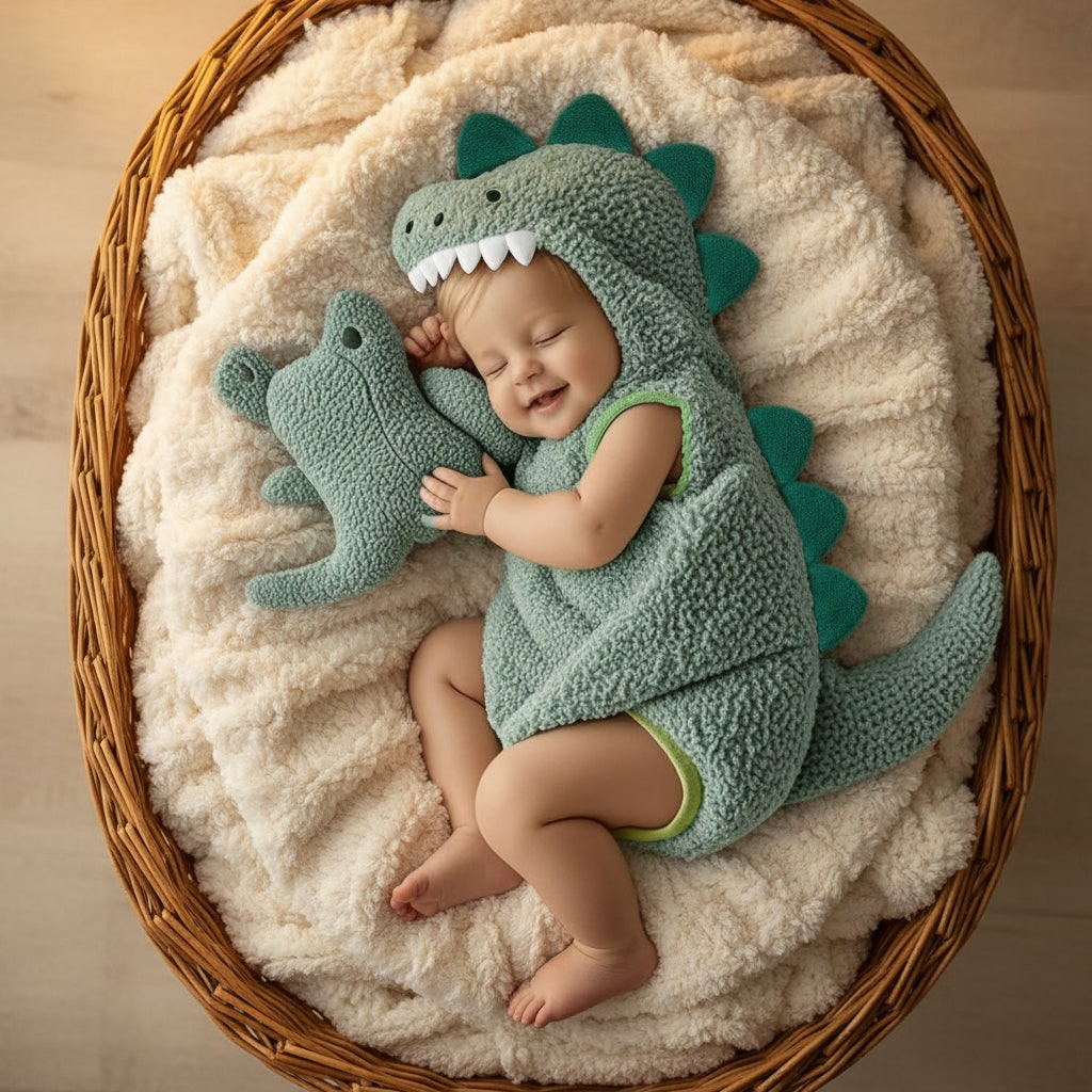 Baby T-Rex Dinosaur Romper Hooded Costume, Embroidered Spikes, Stuffed Tail