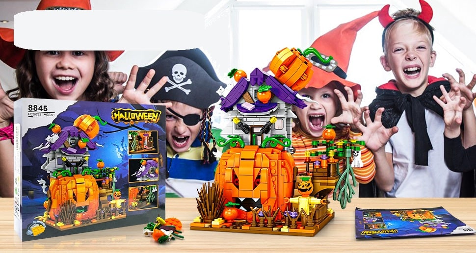 Dětská halloweenská stavebnice z magnetických dílků - dýňový domeček, strašidelné figurky