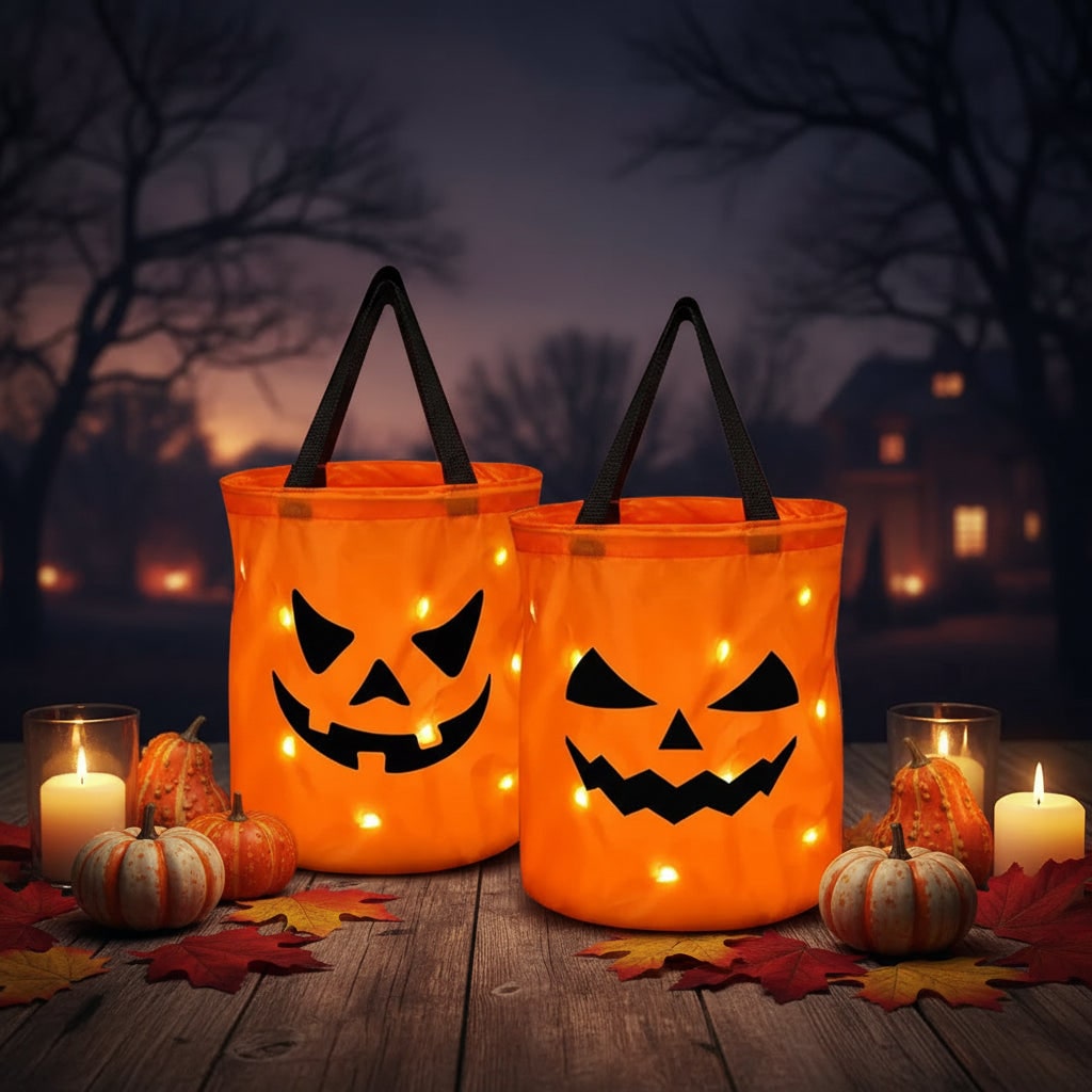 Halloweenpåse för bus eller godis för barn - återanvändbar LED-pumpabelysning och bärhandtag