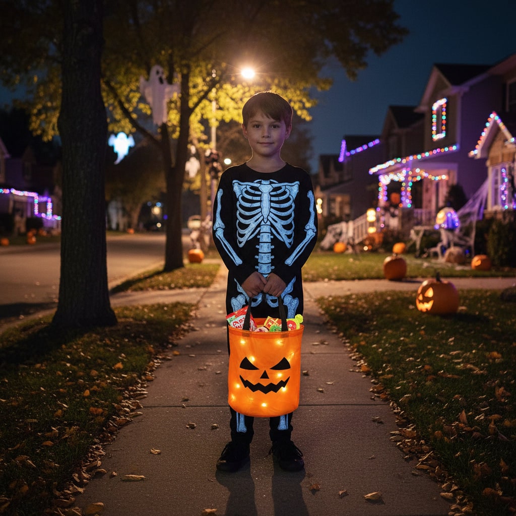 Borsa per dolcetto o scherzetto di Halloween per bambini, luci LED a zucca riutilizzabili, manici per il trasporto